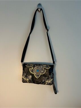 Black Embellished Crossbody Bag with Turquoise Accent